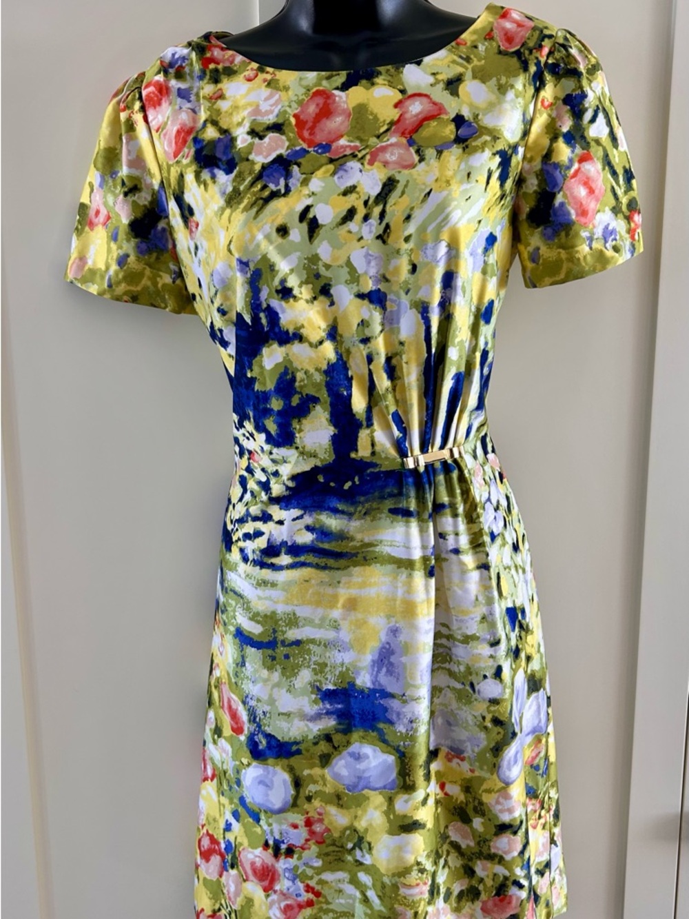 Floral Watercolor Short-Sleeve Midi Dress in Yellow and Blue